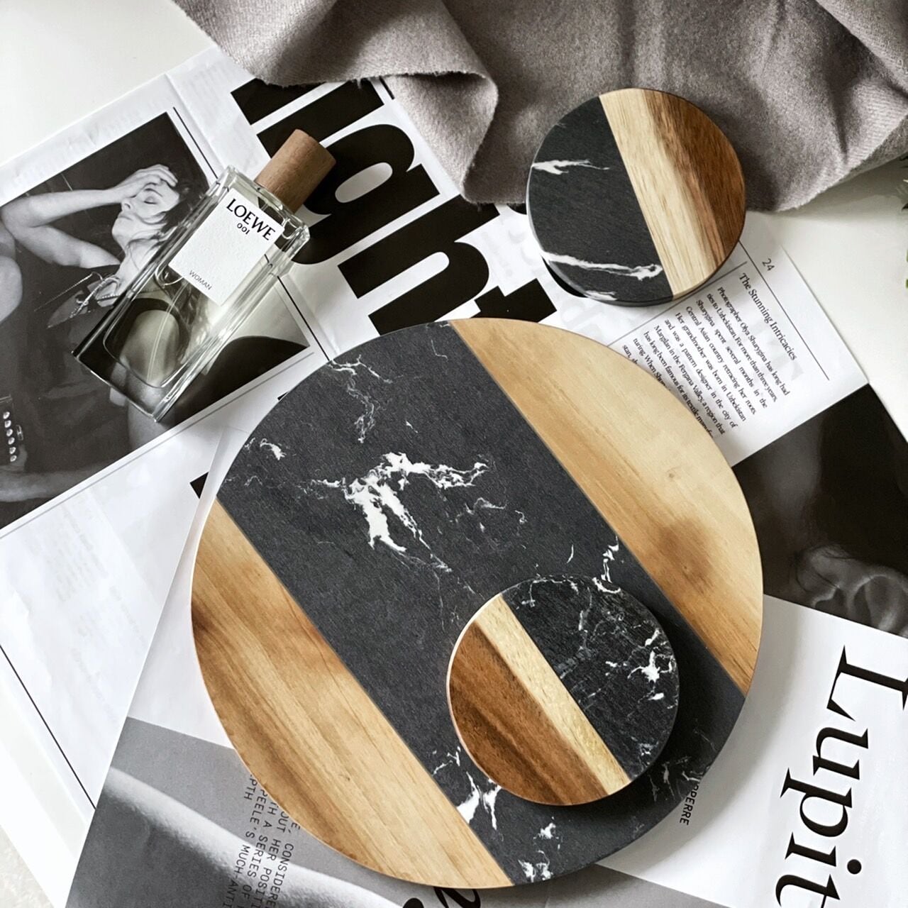 【アウトレット10%OFF】ブラック天然大理石×ウッド プレート