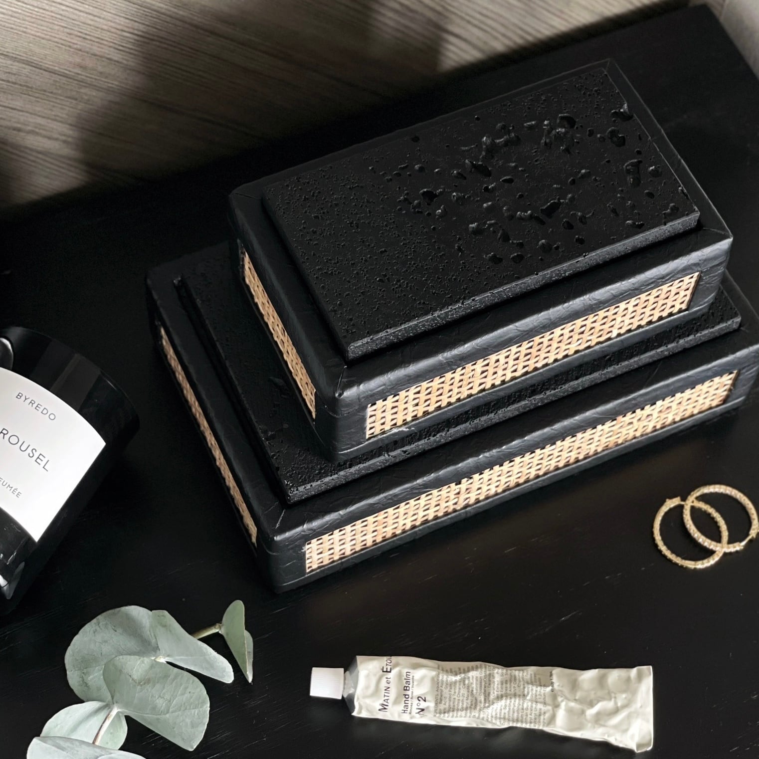 ラタン×ブラックストーン インテリアボックス ラージ