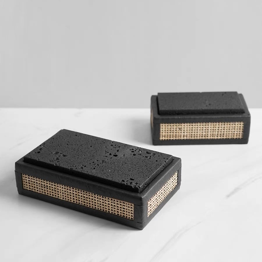 ラタン×ブラックストーン インテリアボックス ラージ