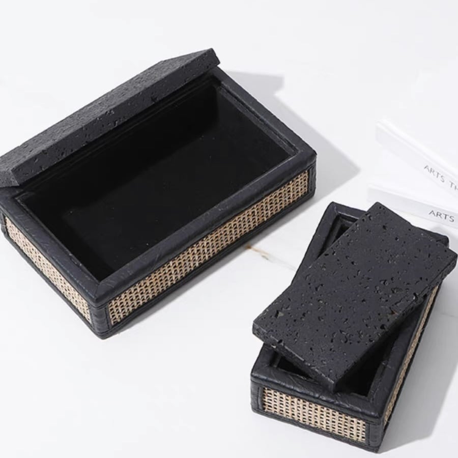ラタン×ブラックストーン インテリアボックス ラージ