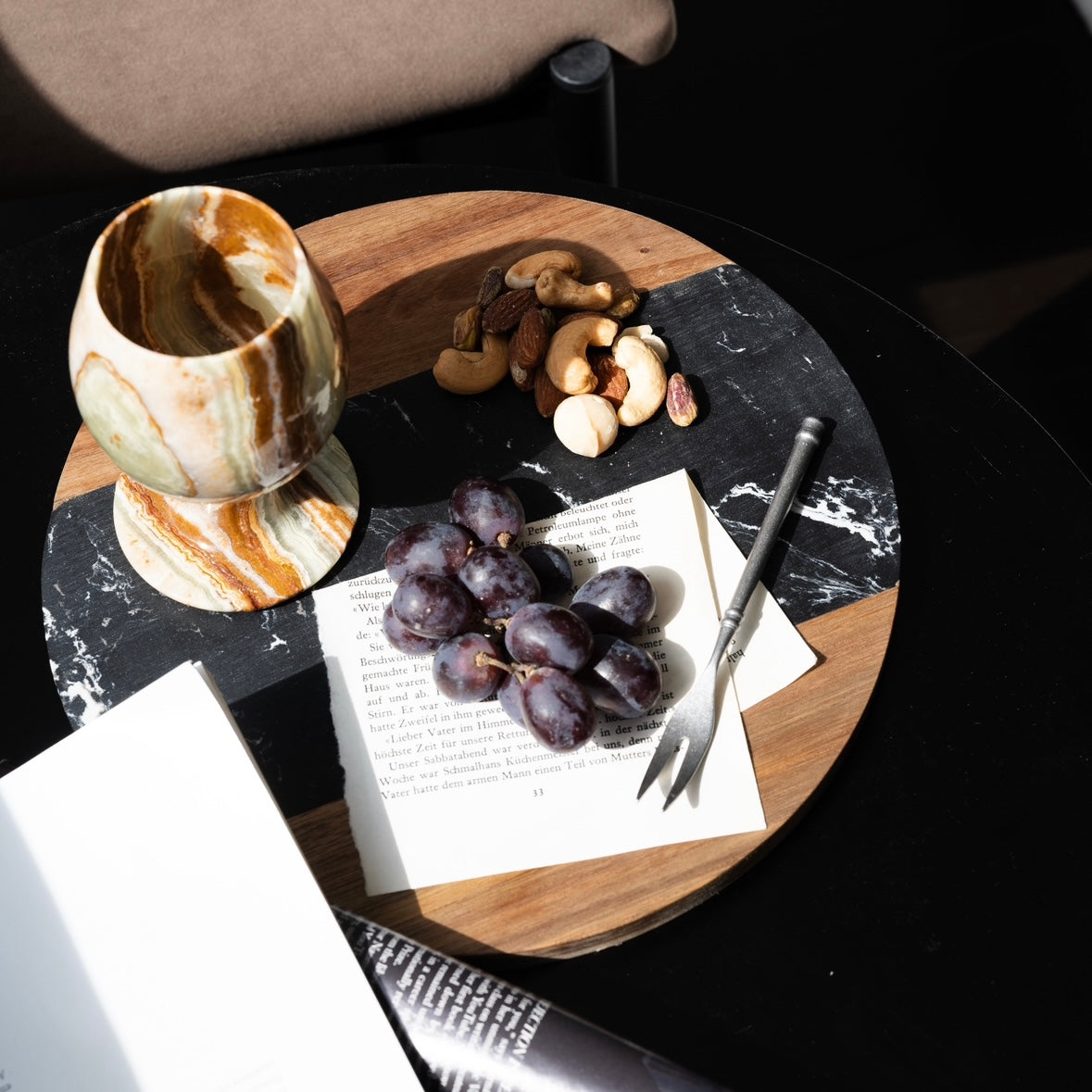 ブラック天然大理石×ウッド プレート